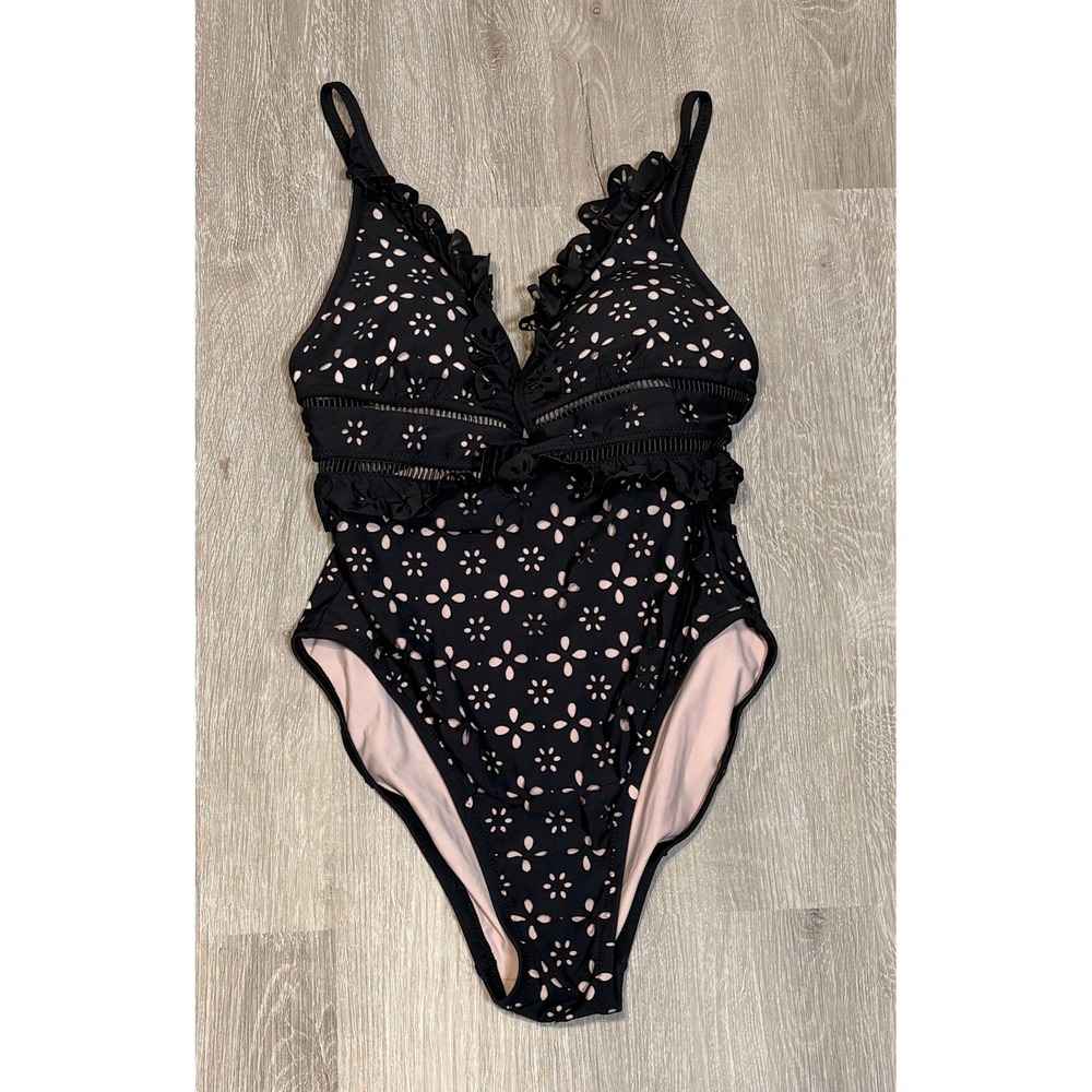 J.Crew Womens Laser Cut Floral Eyelet Ruffle One‎ Piece Swimsuit Black Pink 2